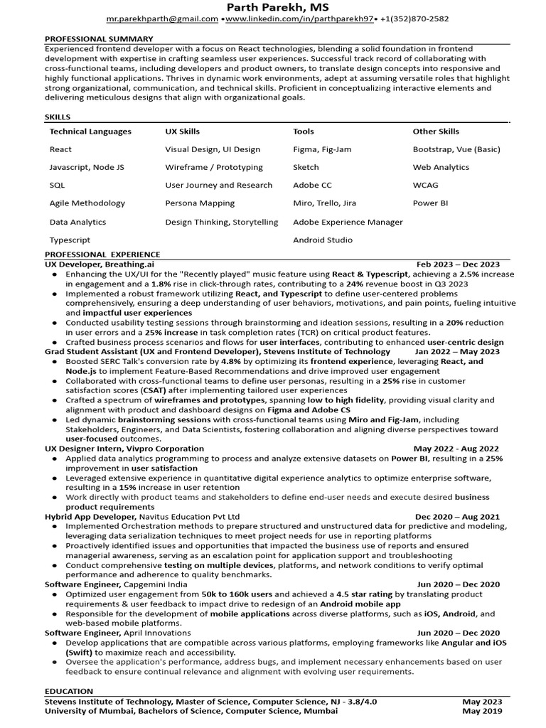 Frontend Developer Resume - Parth Parekh | PDF | Computing ...