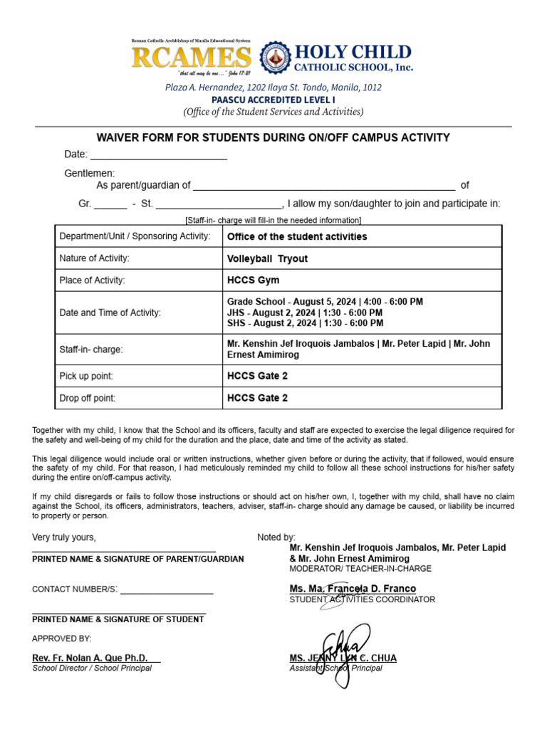 Volleyball Tryout Waiver Form On Off Campus | PDF | Family | Childhood