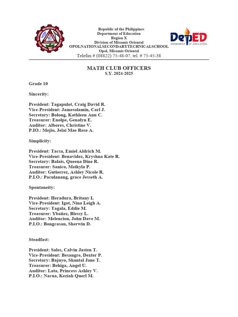 Math Club Officers 2024-2025 | PDF
