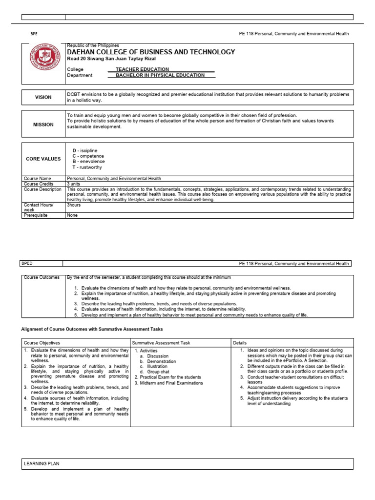 Personal and Community Health Course | PDF | Educational Assessment ...