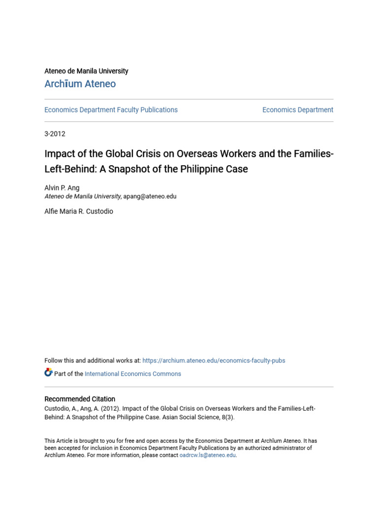 Impact of The Global Crisis On Overseas Workers and The Families | PDF ...