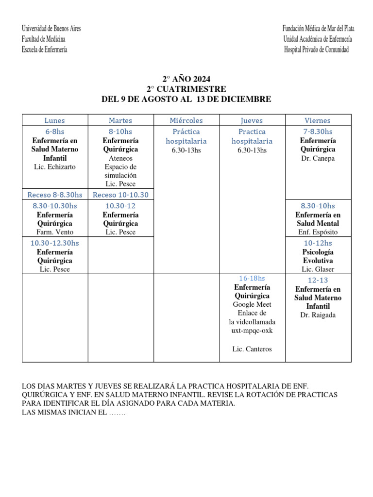 Horarios Del 2do Cuatrimestre | PDF | Ciencias de la Salud | Programas ...