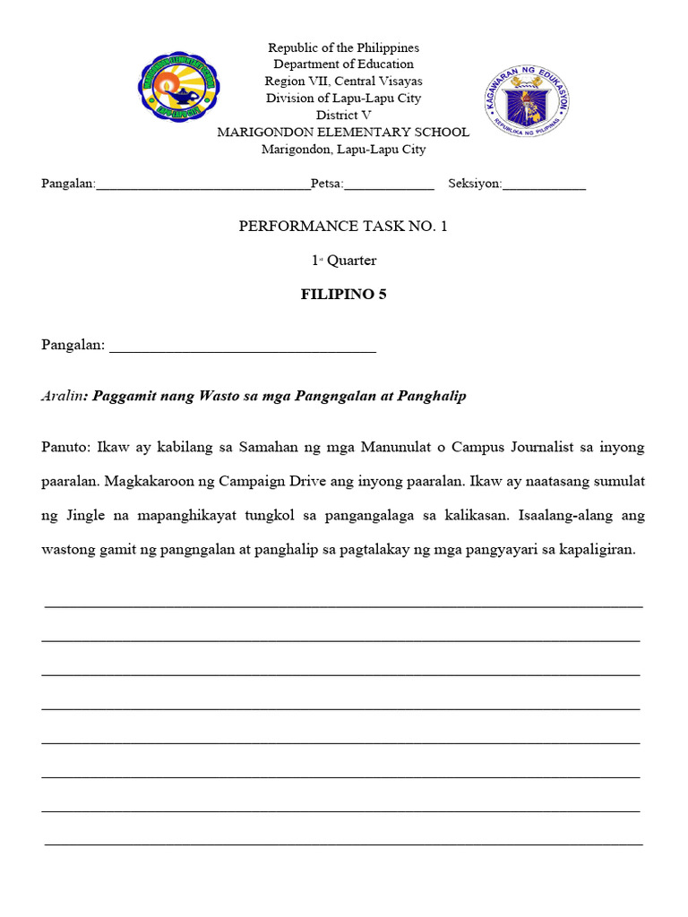 Performance Task in Filipino 5 No. 1.1 | PDF