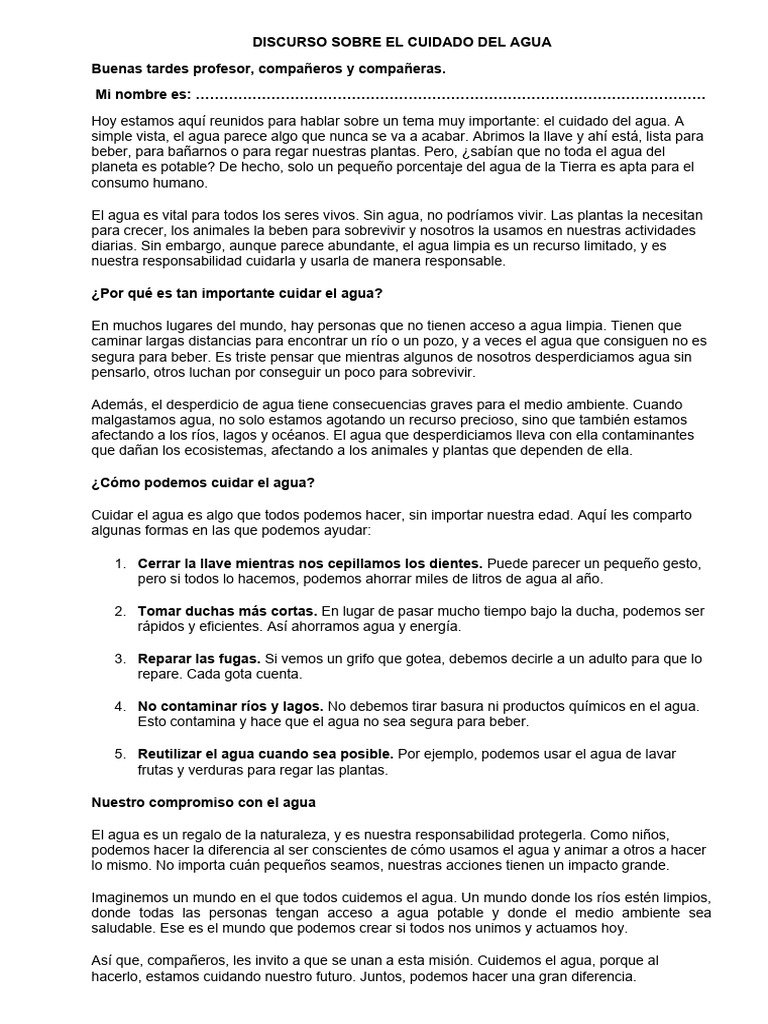 Discurso sobre el Cuidado del Agua | PDF | Agua | Ciencias de la Tierra