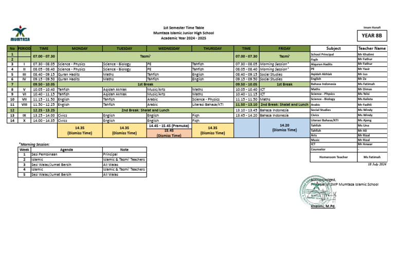 Timetable 8B - 18 Juli '24 (2024-2025) - Rev | PDF | Islamic ...
