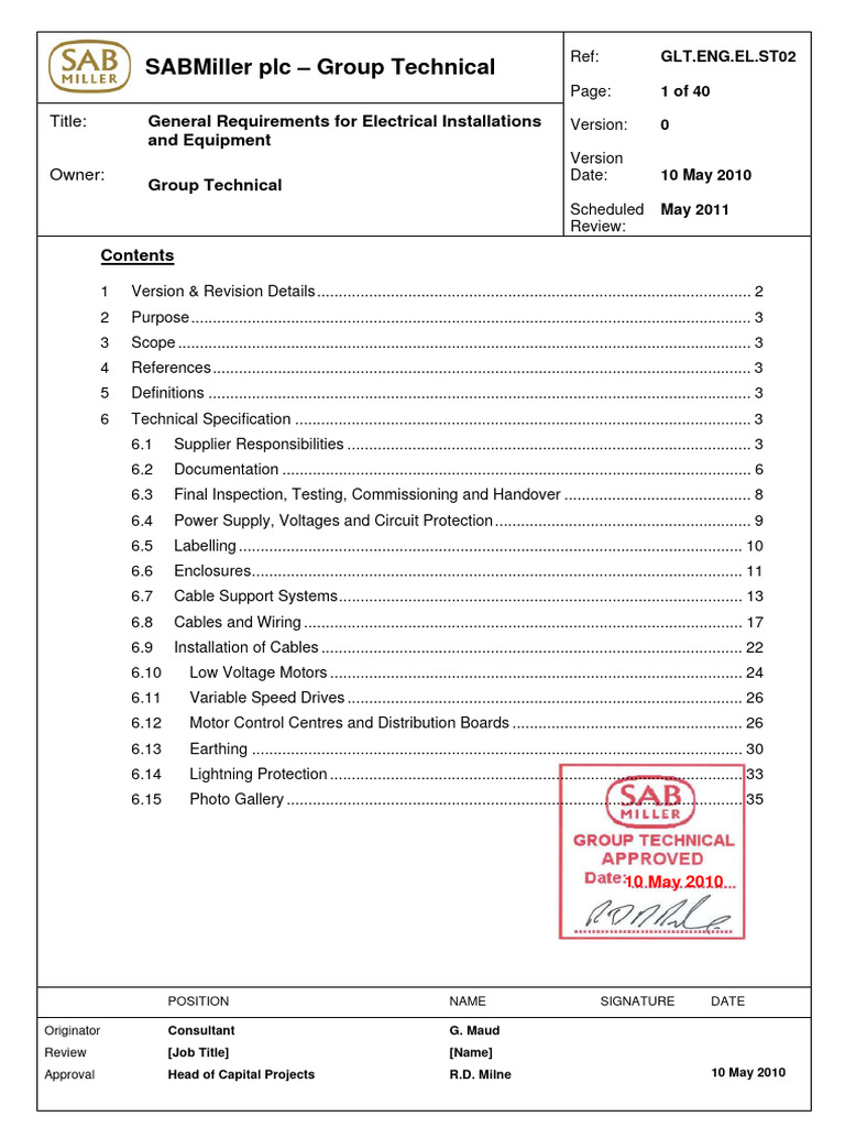 Electrical Installation Standards for SABMiller | PDF | Electrical ...