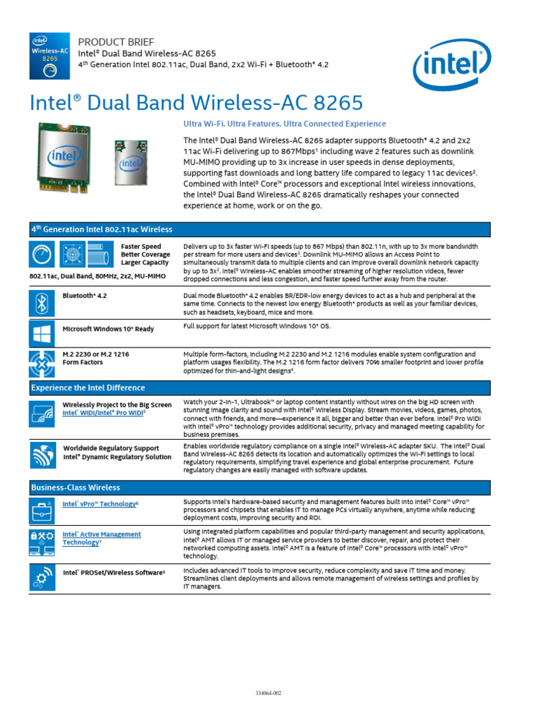 Intel Dual Band Wireless-AC 8265 Overview | PDF | Ieee 802.11 | Bluetooth