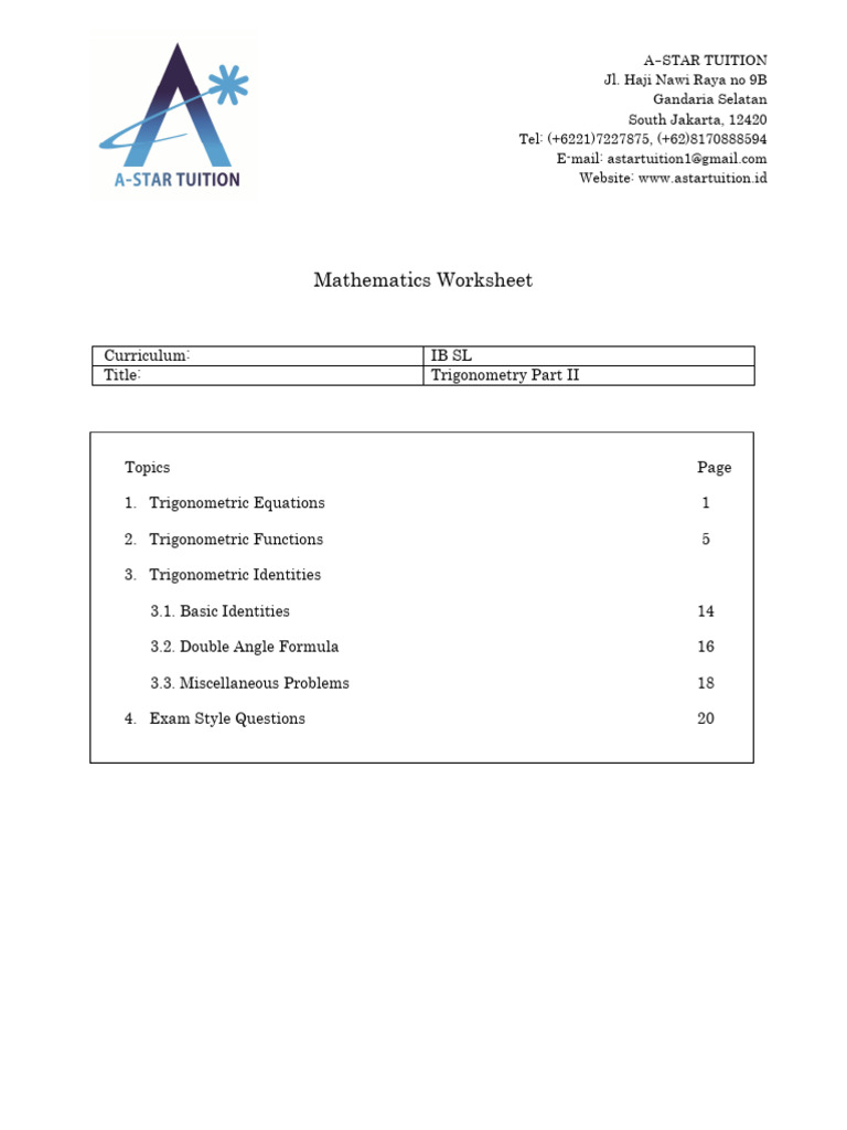 IB SL Trigonometry Part II Booklet | PDF | Trigonometry | Trigonometric ...