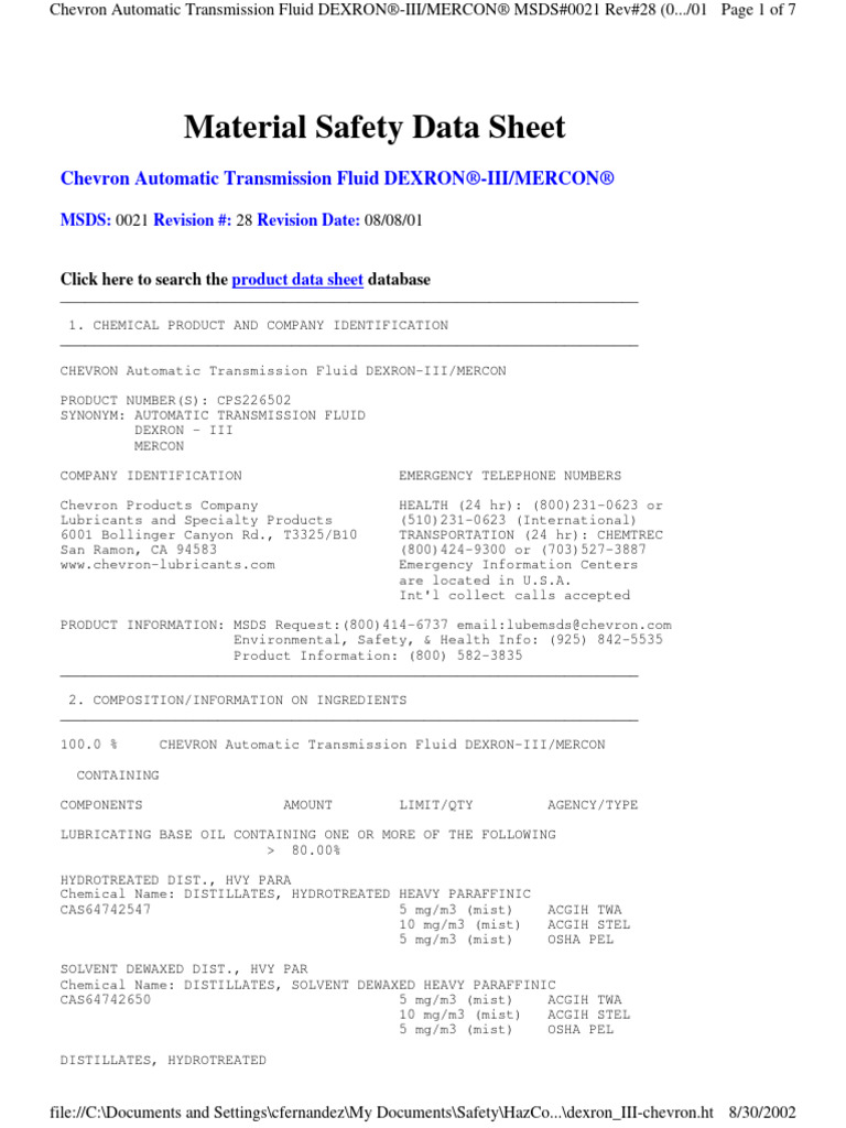 Chevron Automatic Transmission Fluid | PDF | Toxicity | Dangerous Goods