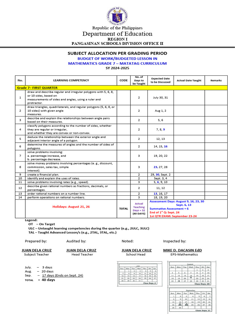 Grade 7 Math Budget of Work 2024-2025 | PDF | Polygon