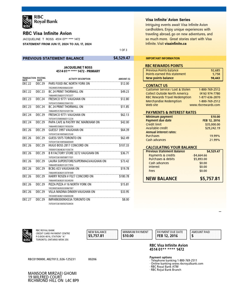 RBC Visa Infinite Avion Statement Summary | PDF | Credit Card | Payments