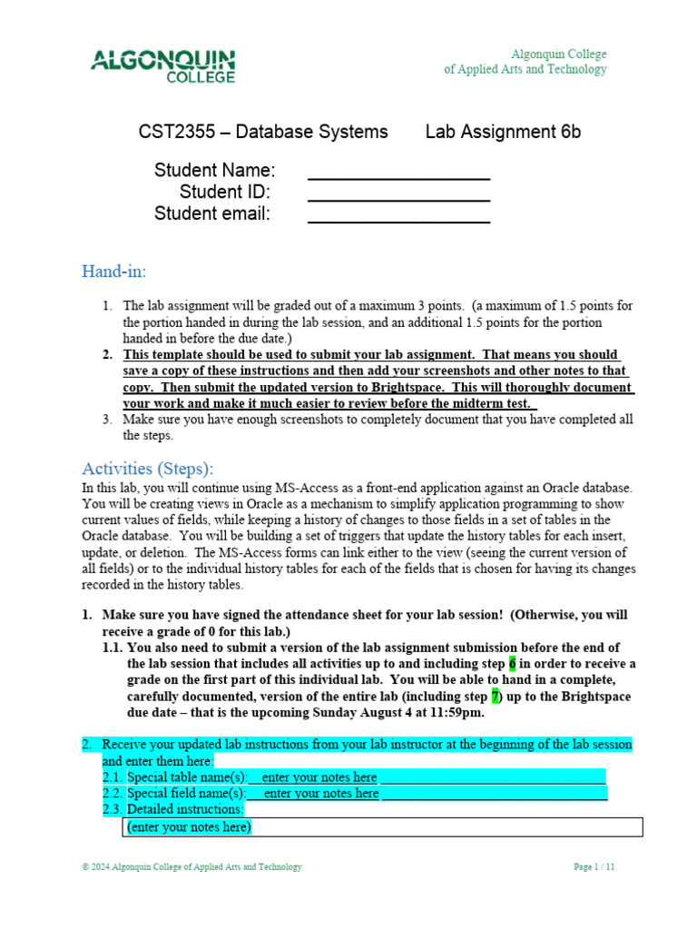 Algonquin College Database Lab Assignment | PDF | Sql | Databases