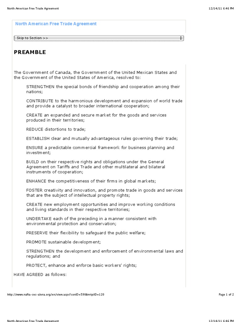Preview of "North American Free Trade Agreement" 1 | PDF | Business | Law