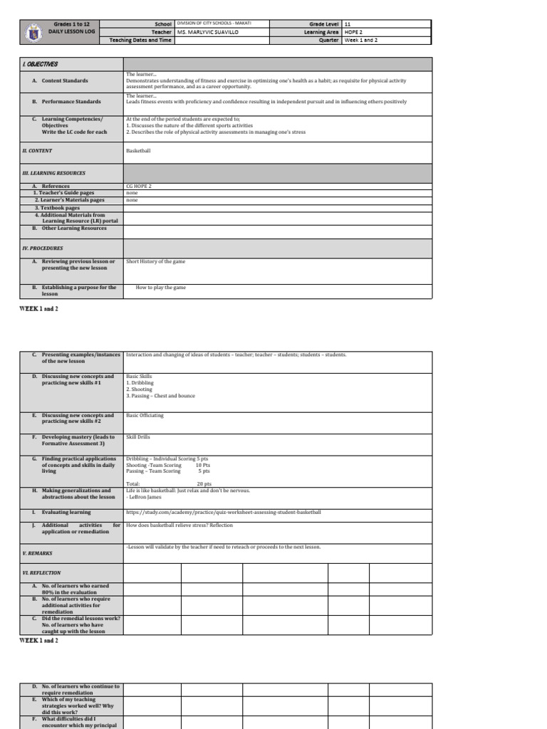 Basketball Lesson Plan for HOPE 2 | PDF | Learning | Teachers