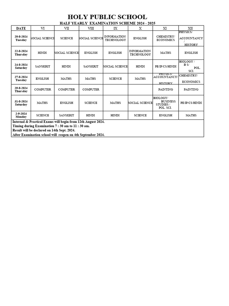 Half Yearly Exam Schedule 2024-25 | PDF | Science