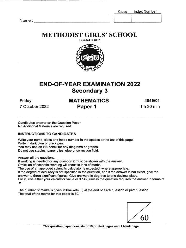 E-Math - Sec 3 - SA 2 - 2022 - Methodist Girls | PDF | Area | Mathematics