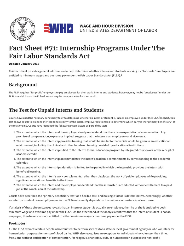 Fact Sheet #71 - Internship Programs Under The Fair Labor Standards Act ...