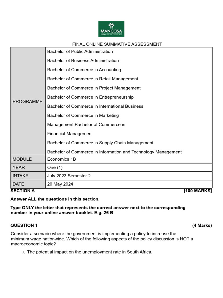 Economics 1B Final OSA-1 | PDF | Inflation | Consumption (Economics)