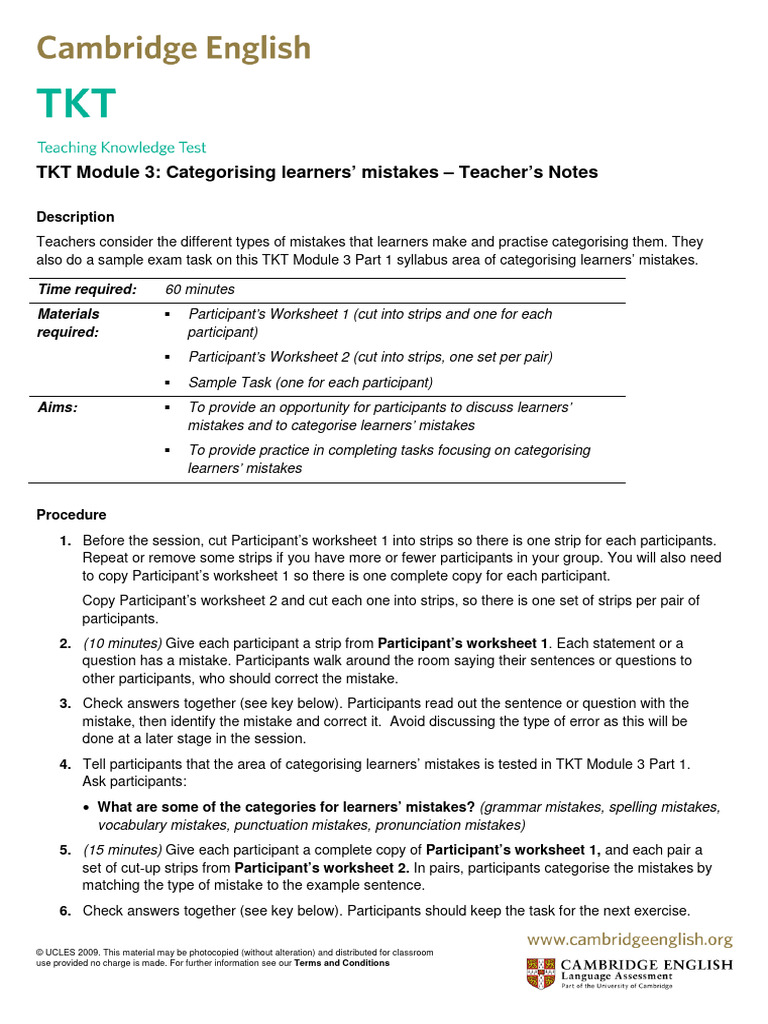 M3 Categorising Learners Mistakes Pdf Verb Question