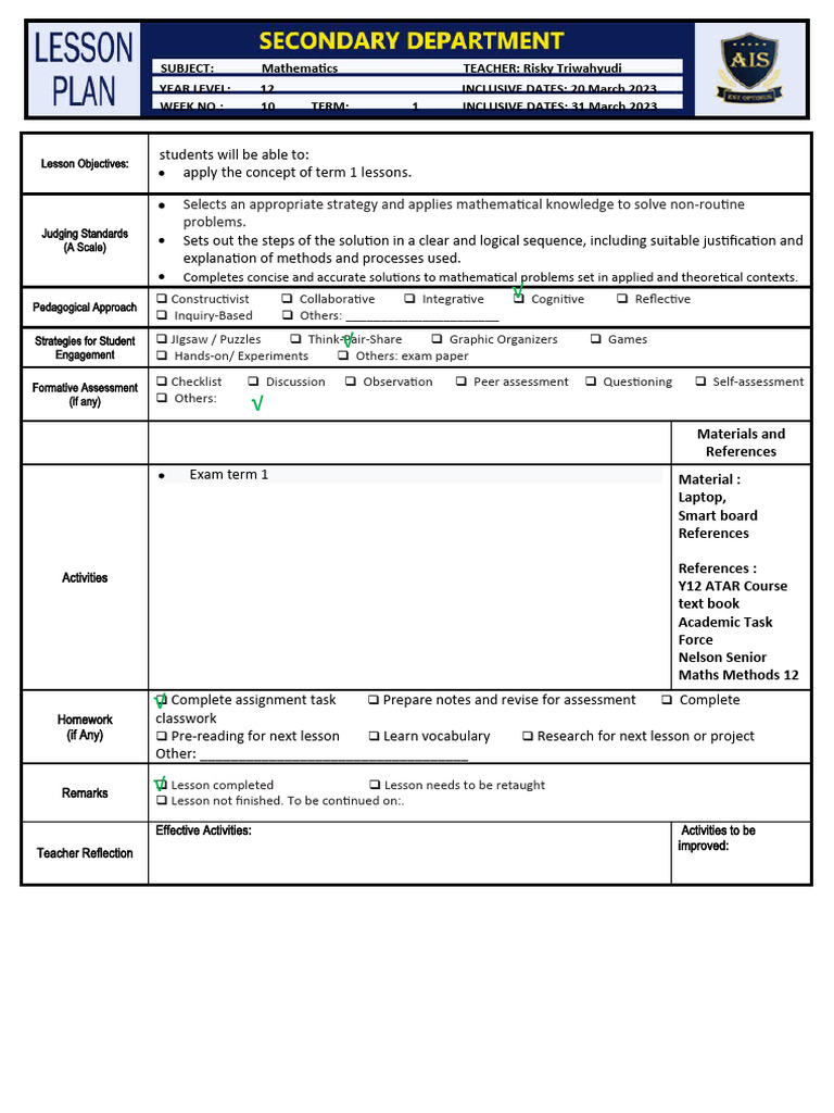 Term 1 Math Lesson Plan for Year 12 | PDF | Inquiry Based Learning ...