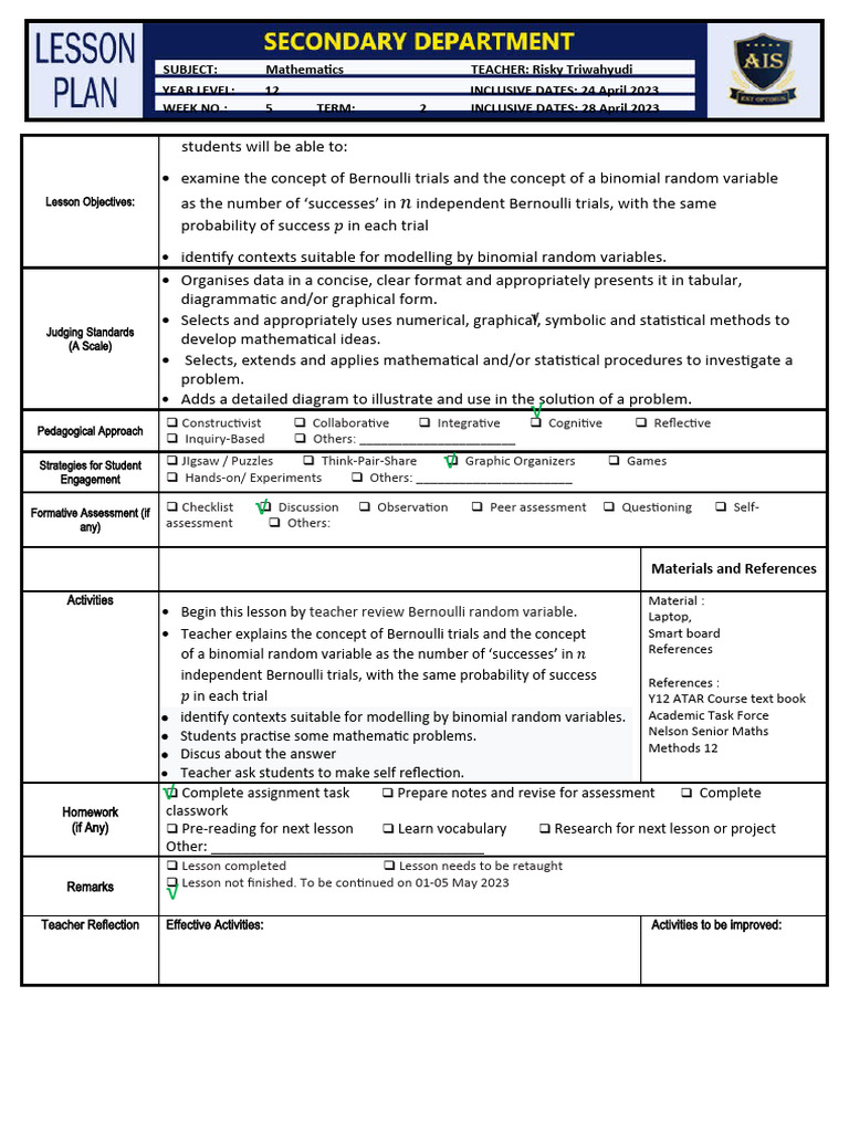 Year 12 Binomial Variables Lesson | PDF | Inquiry Based Learning ...