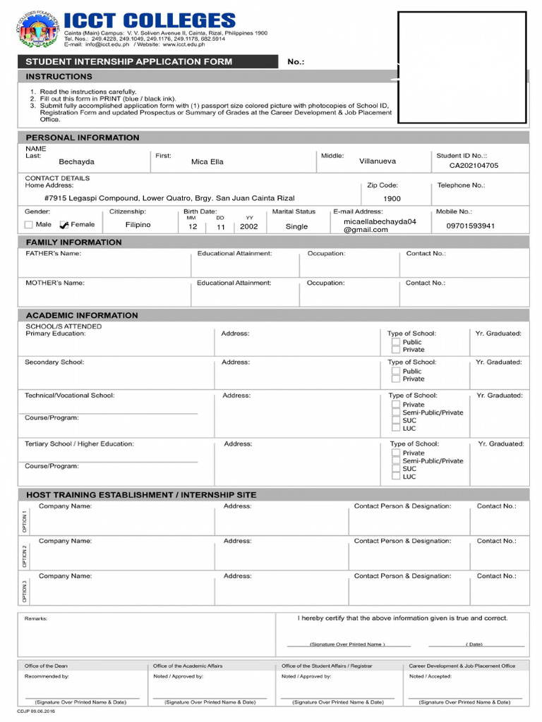 ICCT 2024 SIP Application Form | PDF