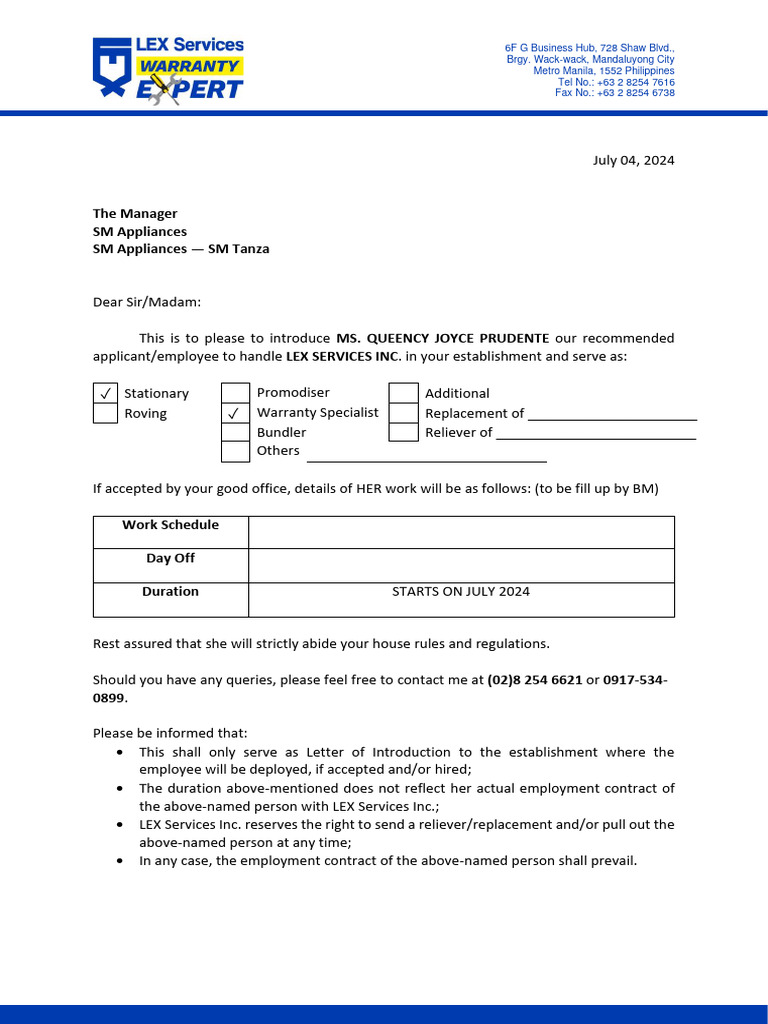 Employee Introduction Letter for SM Appliances | PDF | Employment ...