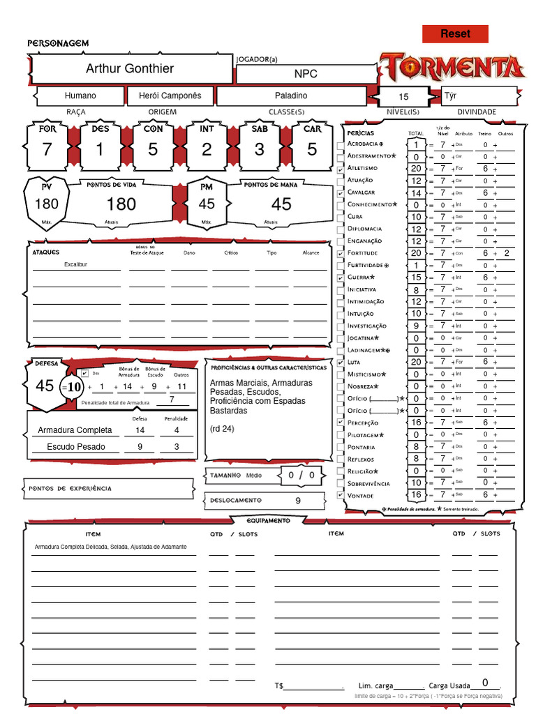 Personagem de RPG: Arthur Gonthier | PDF