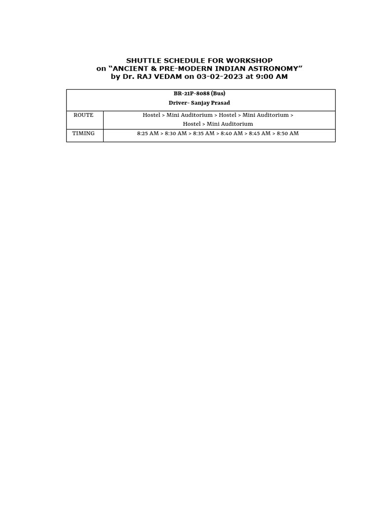 Shuttle Schedule for Astronomy Workshop | PDF