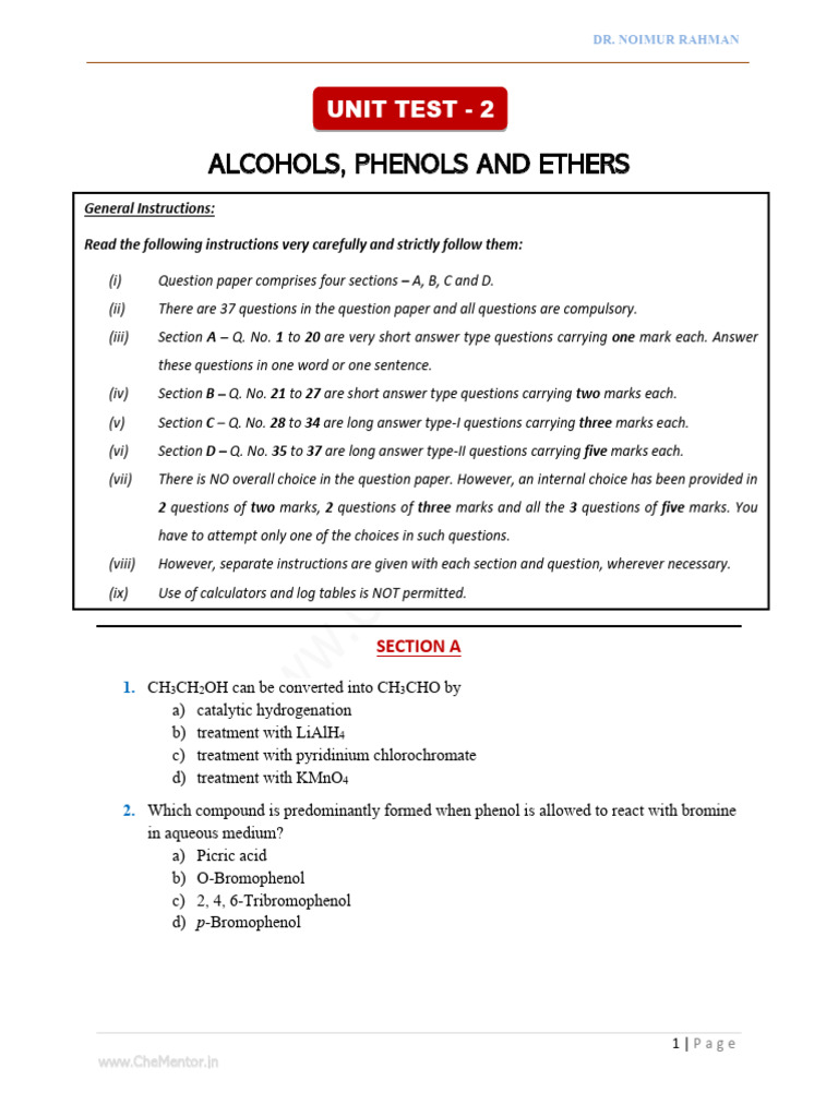 Alcohols, Phenols and Ethers - Unit Test | PDF | Methyl Group | Ethanol