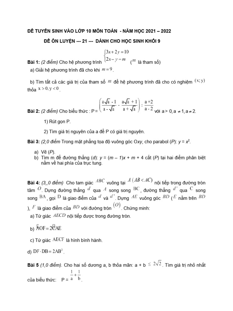 De On Luyen Thi Vao Lop 10 Mon Toan de So 21 | PDF