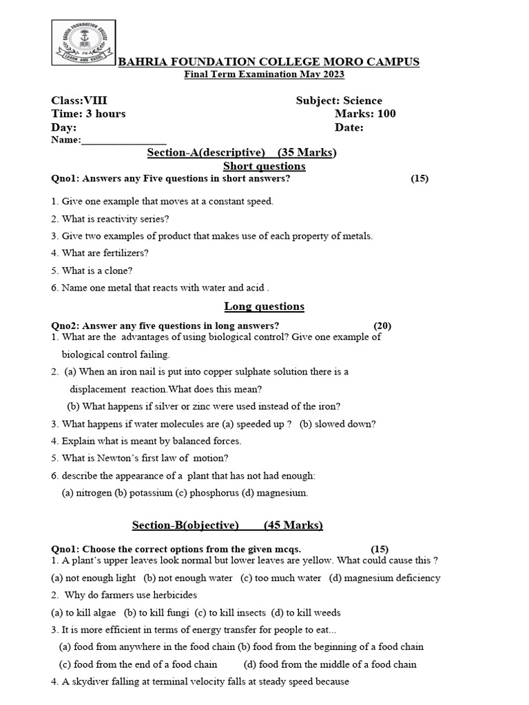 8th Science Mid Paper Pdf Foods Metals