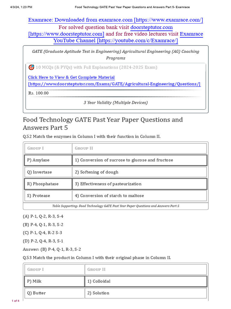 GATE Food Technology Past Paper Part 5 | PDF | Taste