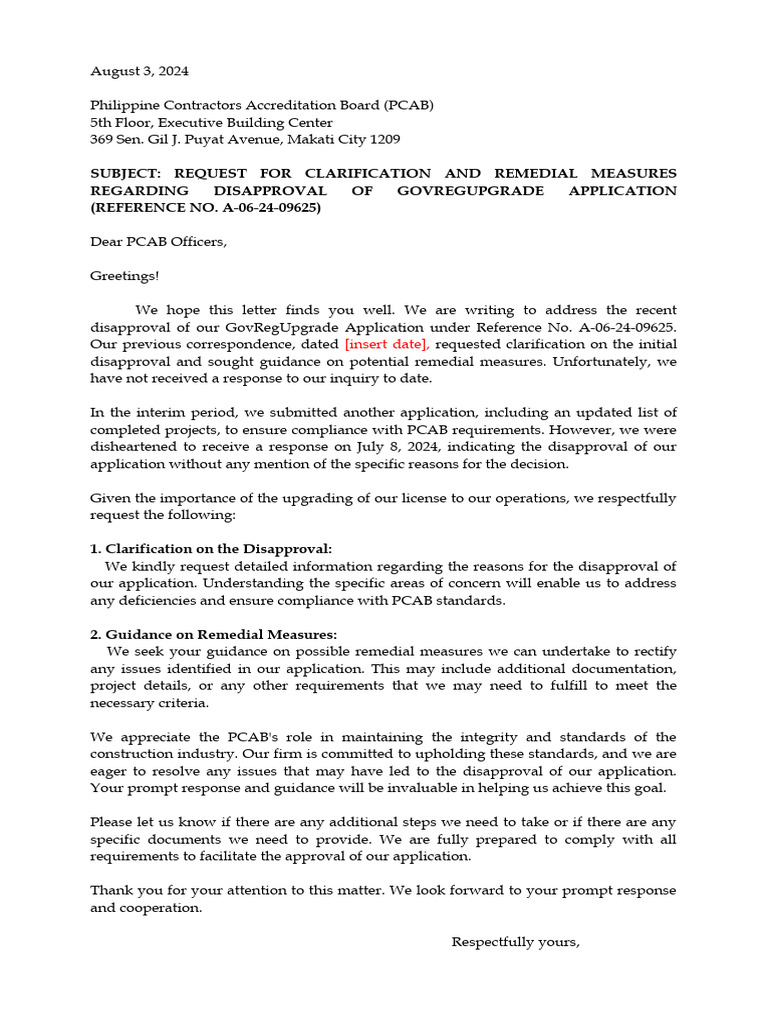 Clarification Request on PCAB Application Disapproval | PDF | Justice ...