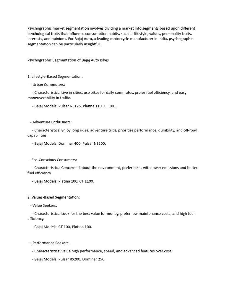 Psychographic Segmentation for Bajaj Bikes | PDF | Market Segmentation ...