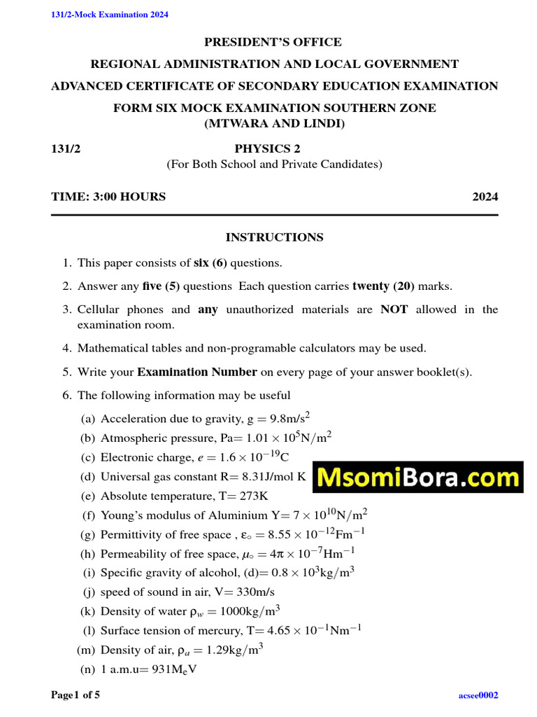 Physics 2 Mock Exam 2024 | PDF | Waves | Photoelectric Effect