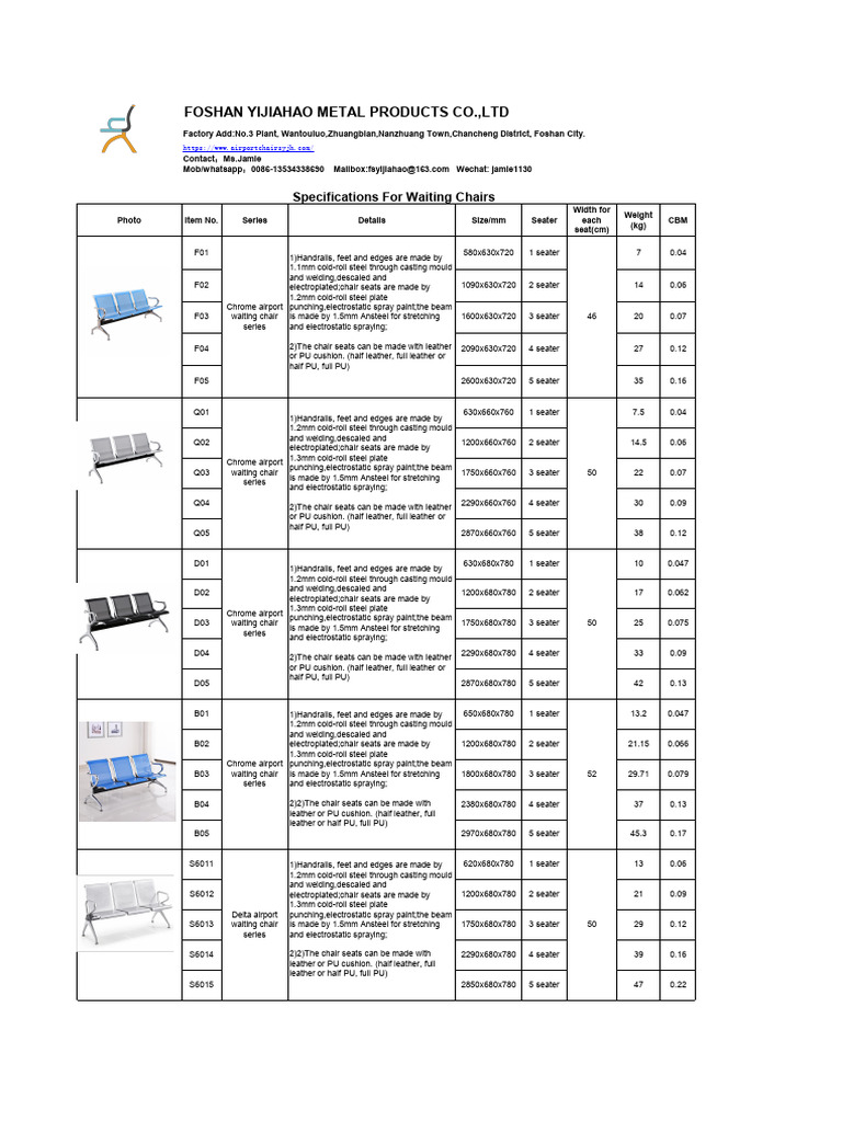 Airport Waiting Chairs Specifications | PDF | Rolling (Metalworking ...