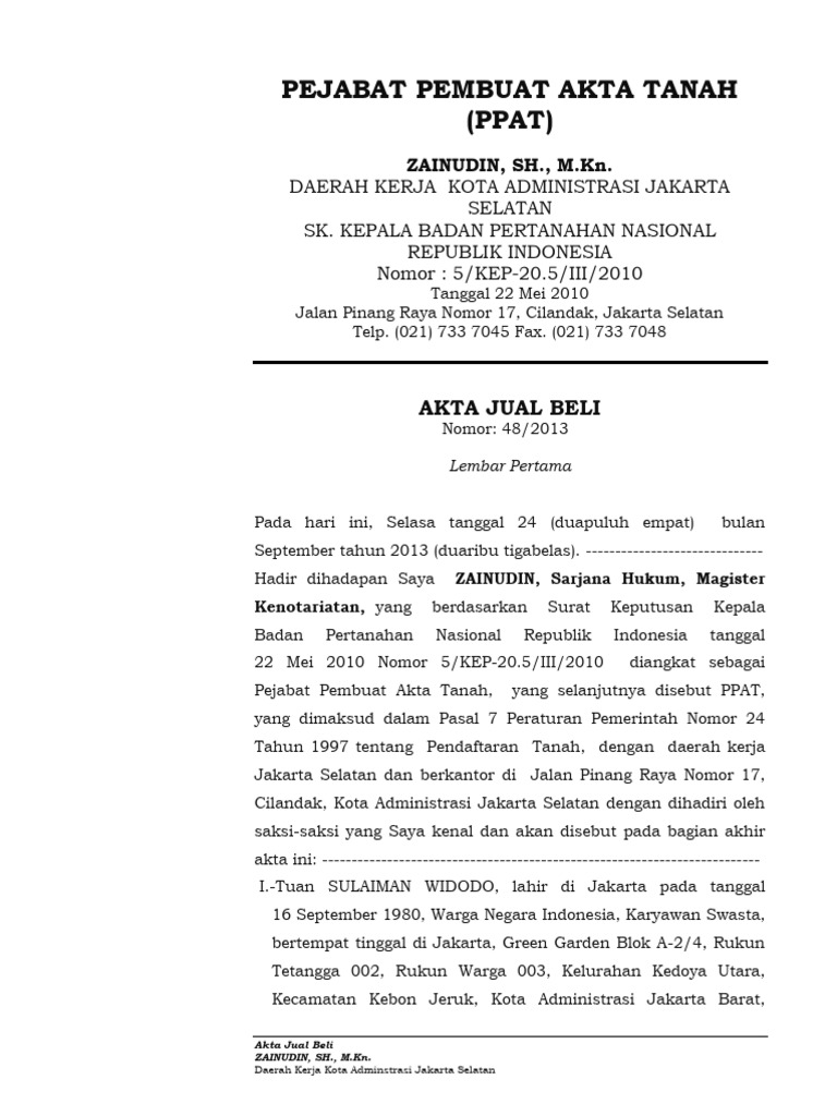 Contoh Akta Jual Beli Tanah | PDF