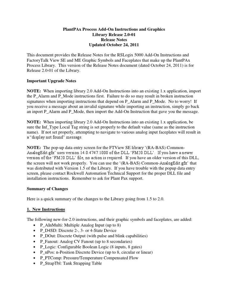 PlantPAx Process Library 2.0-01 Release Notes | PDF | Feedback ...