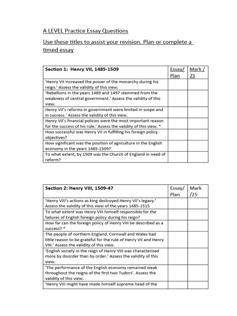 A Level Tudor History Essay Questions | PDF | House Of Tudor