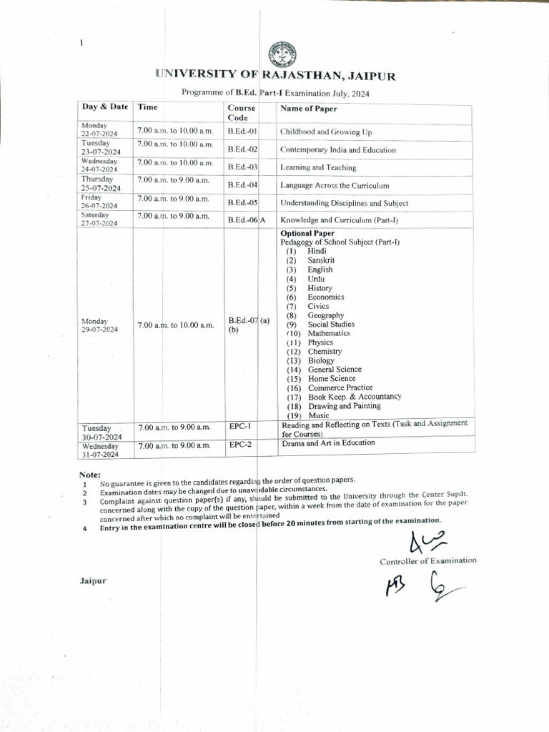 B.Ed. Part-I Exam Schedule July 2024 | PDF | Liberal Arts Education