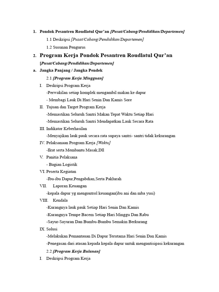 Program Kerja Pondok Pesantren Roudlatul Qur’an | PDF