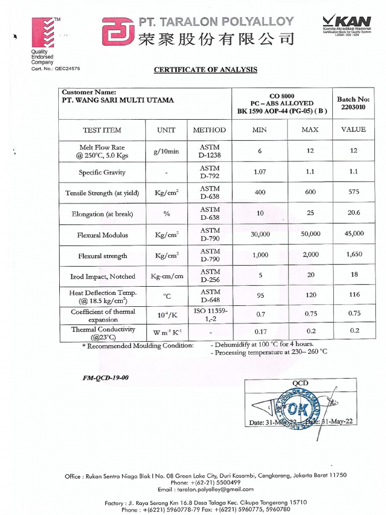 Coa, TDS, Msds PC Abs Alloyed Co 8000 BK 1590 Aop-44 (Pg-05) (B) | PDF