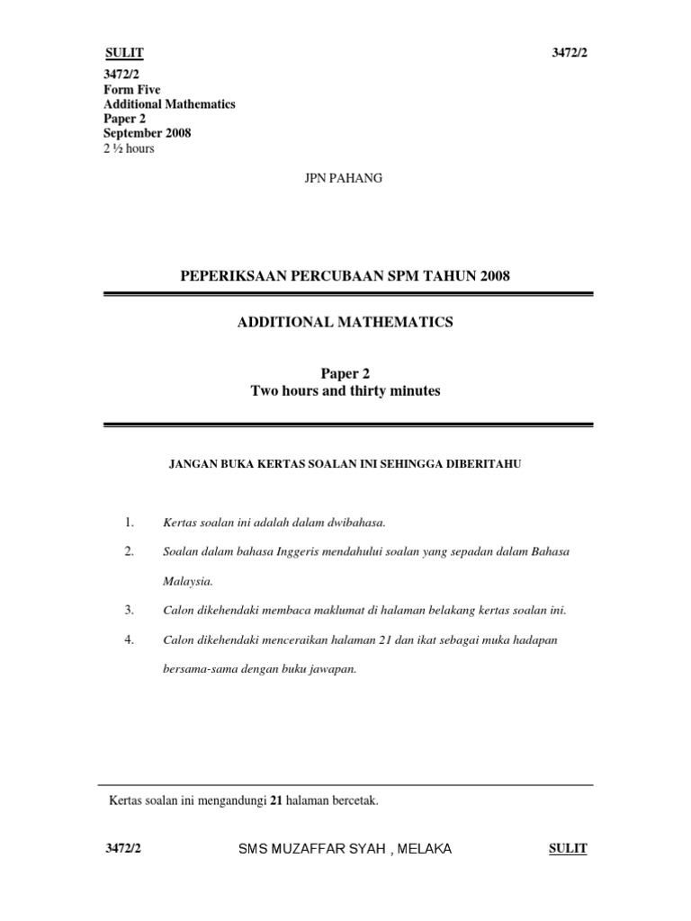 Additional Mathematics Paper 2 Pahang | PDF