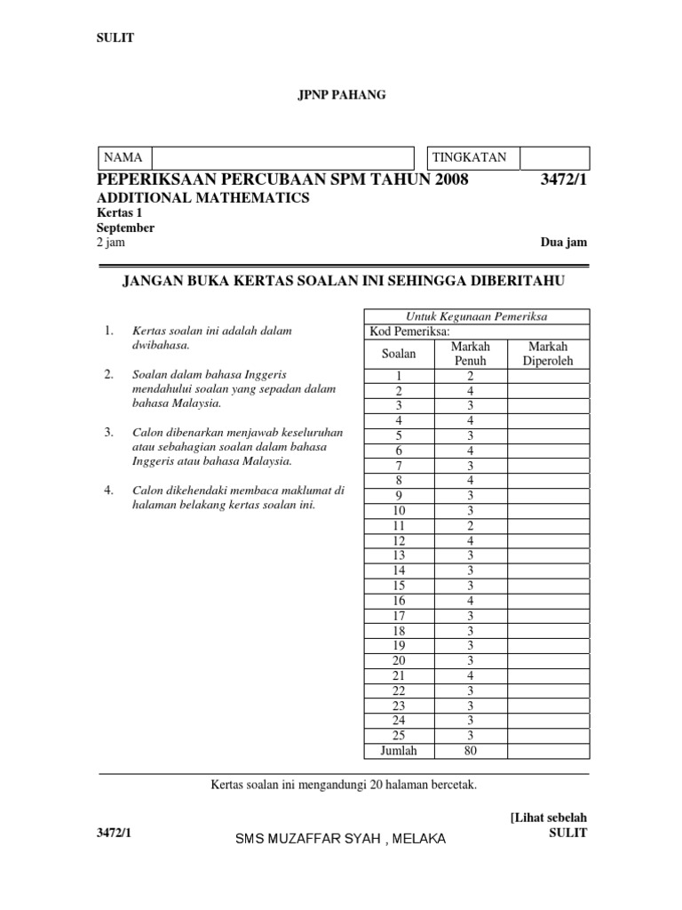 SPM 2008 Additional Mathematics Exam Paper | PDF | Elementary ...