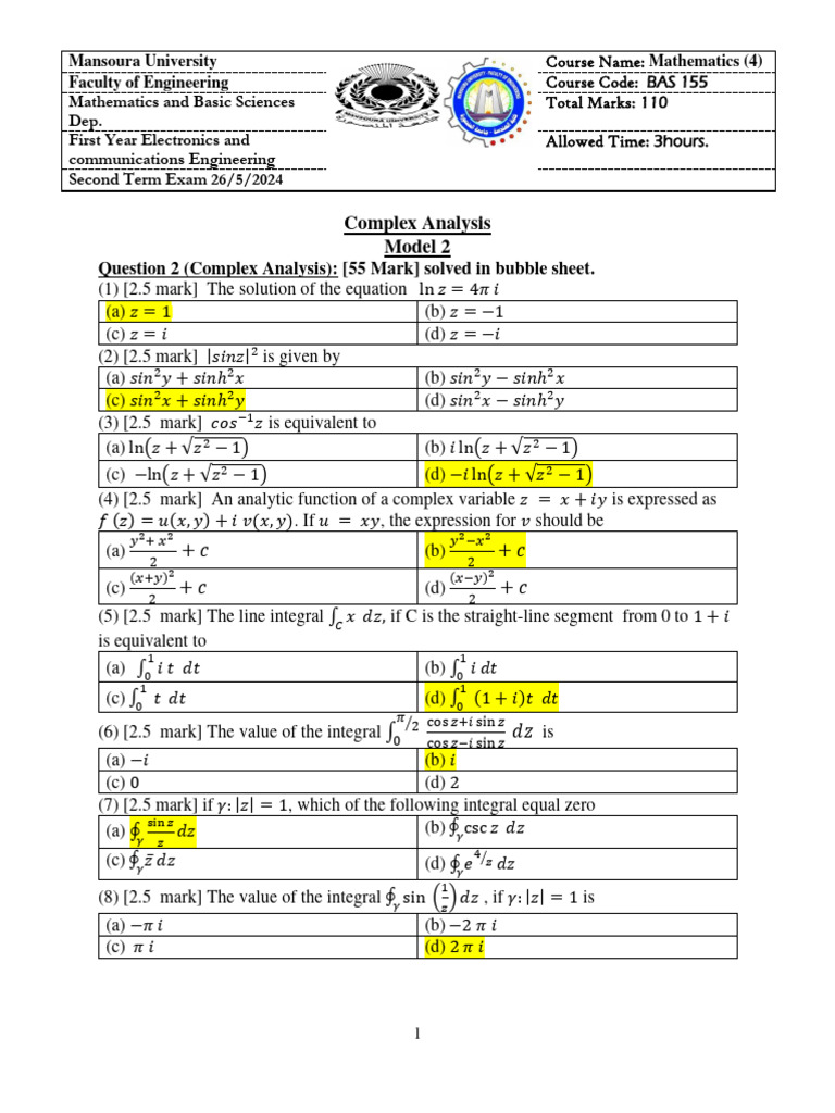 Mathematics Exam: Complex Analysis Model | PDF | Mathematical Analysis ...