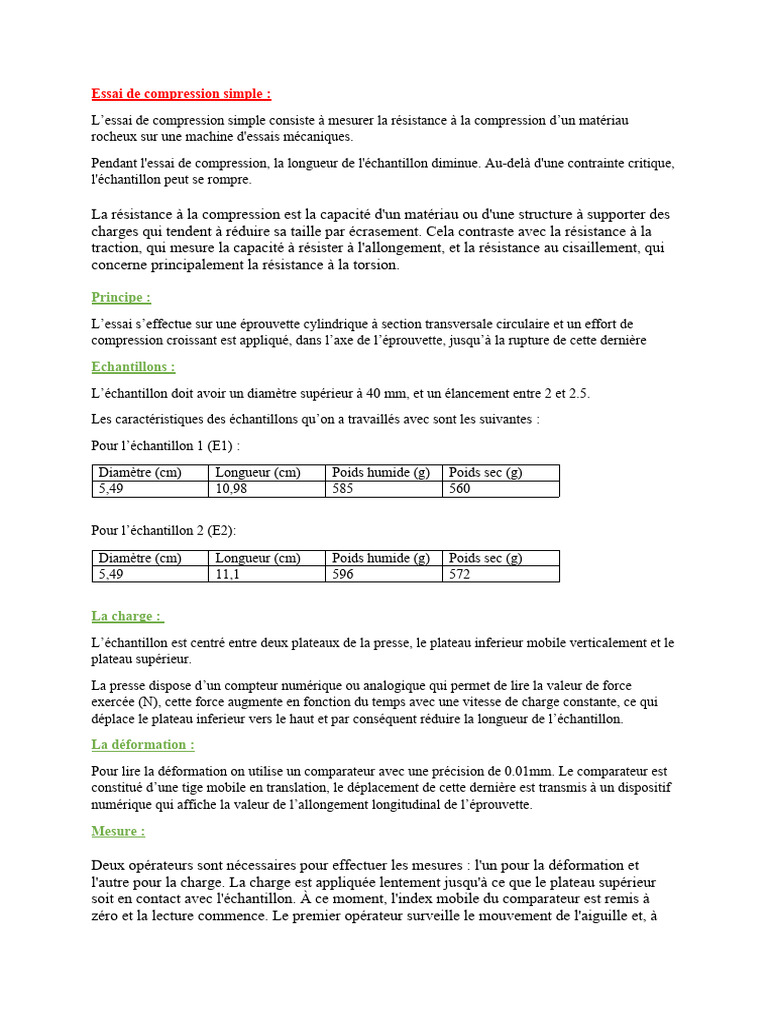Essai de Compression Simple des Matériaux | PDF | Résistance des ...
