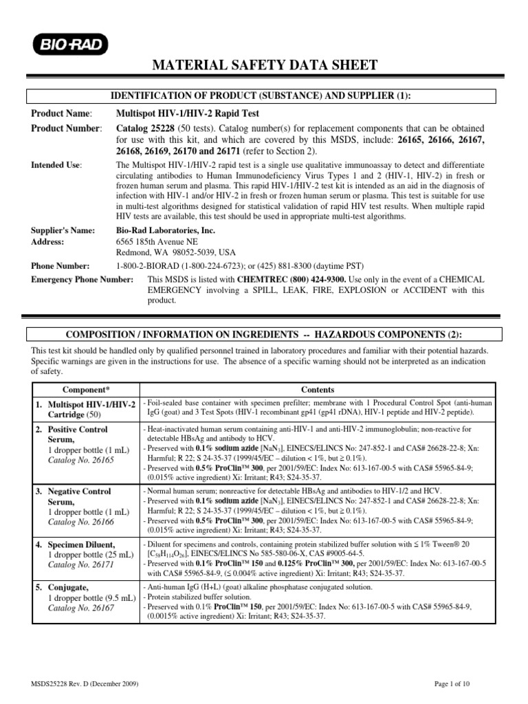 Multispot HIV-1/HIV-2 Test MSDS Guide | PDF | Hiv | Diagnosis Of Hiv/Aids