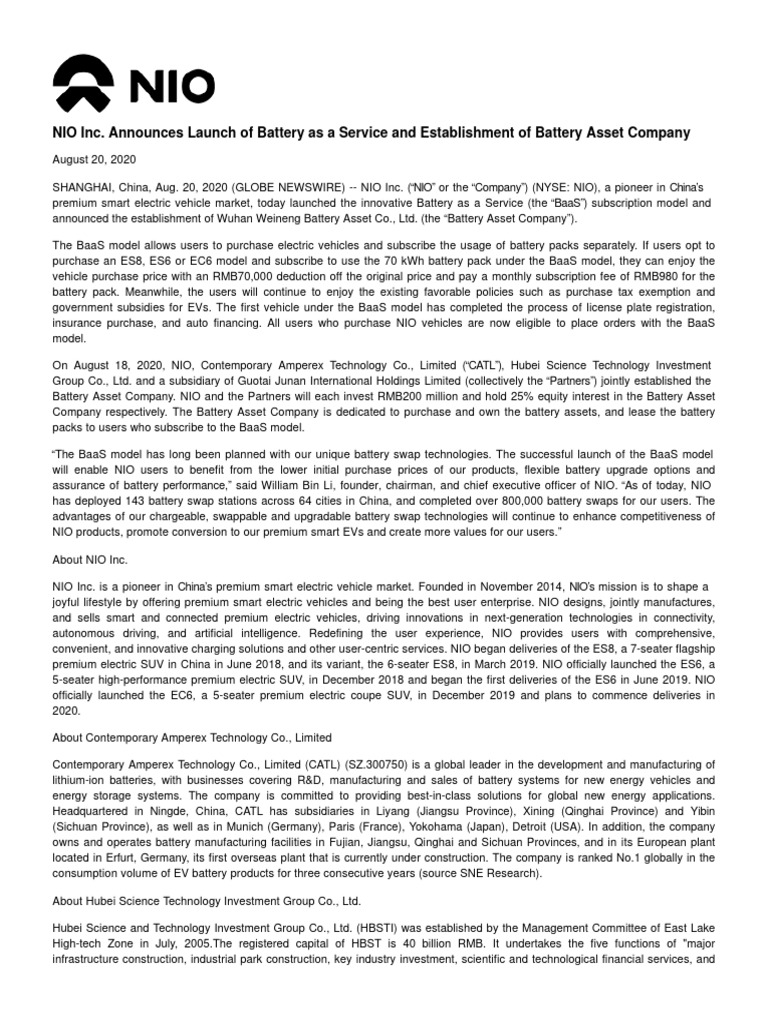 NIO Launches Battery Subscription Model | PDF | Securities (Finance ...