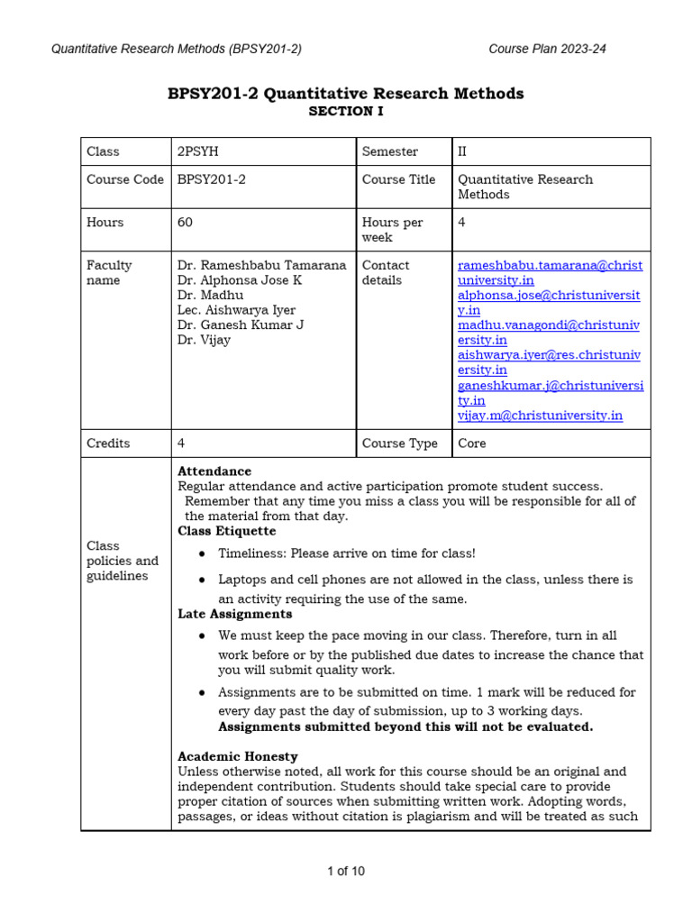 Quantitative Research Methods Course Plan | PDF | Methodology | Psychology